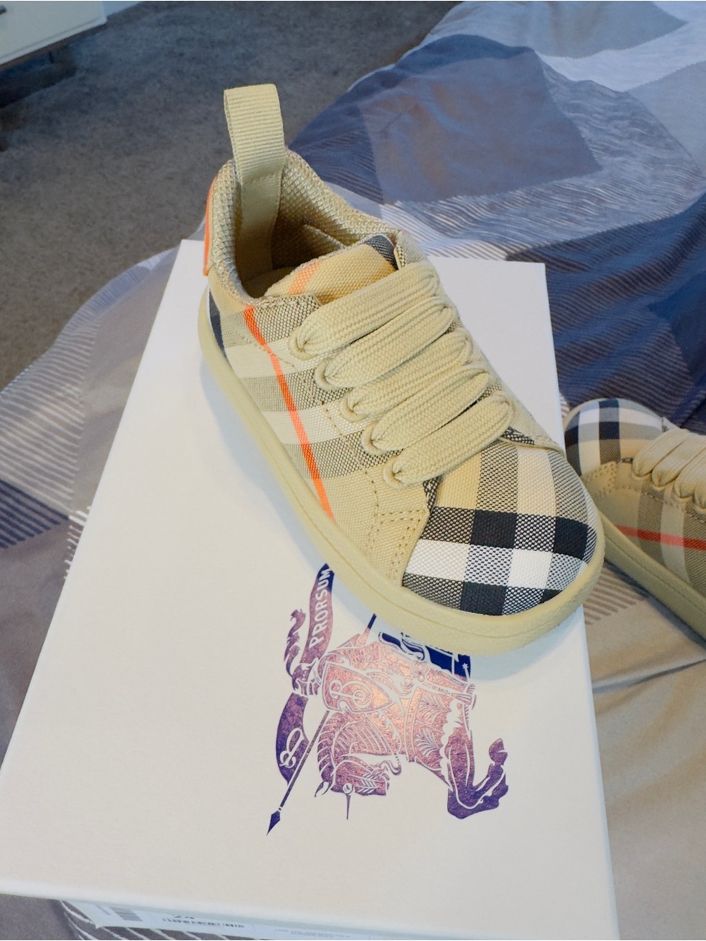 Burberry Beige Plaid Kids Sneakers with Orange Accent